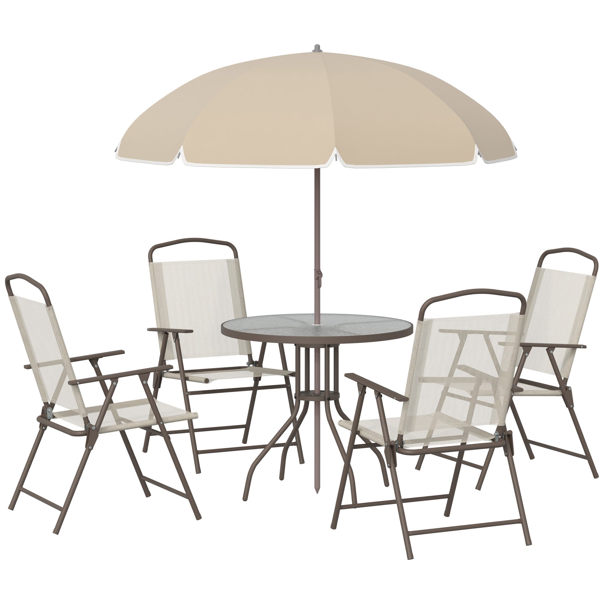 Outsunny 6 Piece Outdoor Dining Sets for 4 with Umbrella, 4 Folding Chairs & Round Glass Table, Beige
