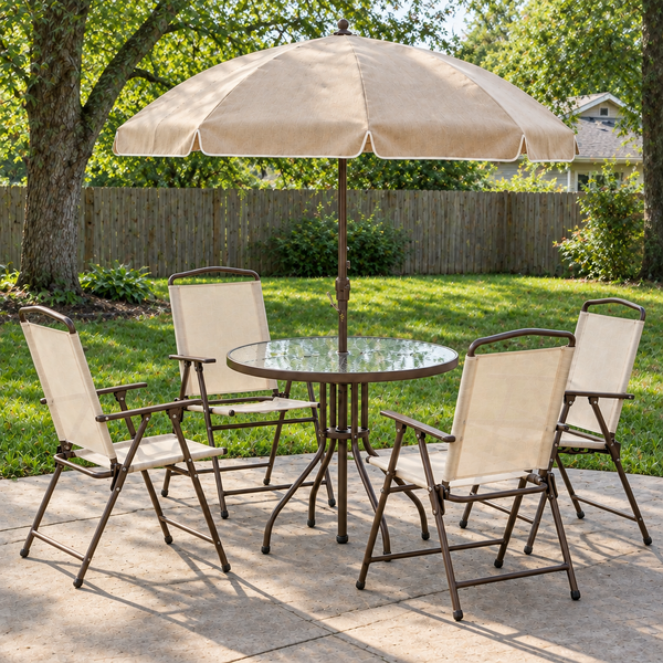 6 Piece Outdoor Dining Sets for 4 with Umbrella, 4 Folding Chairs & Round Glass Table, Beige