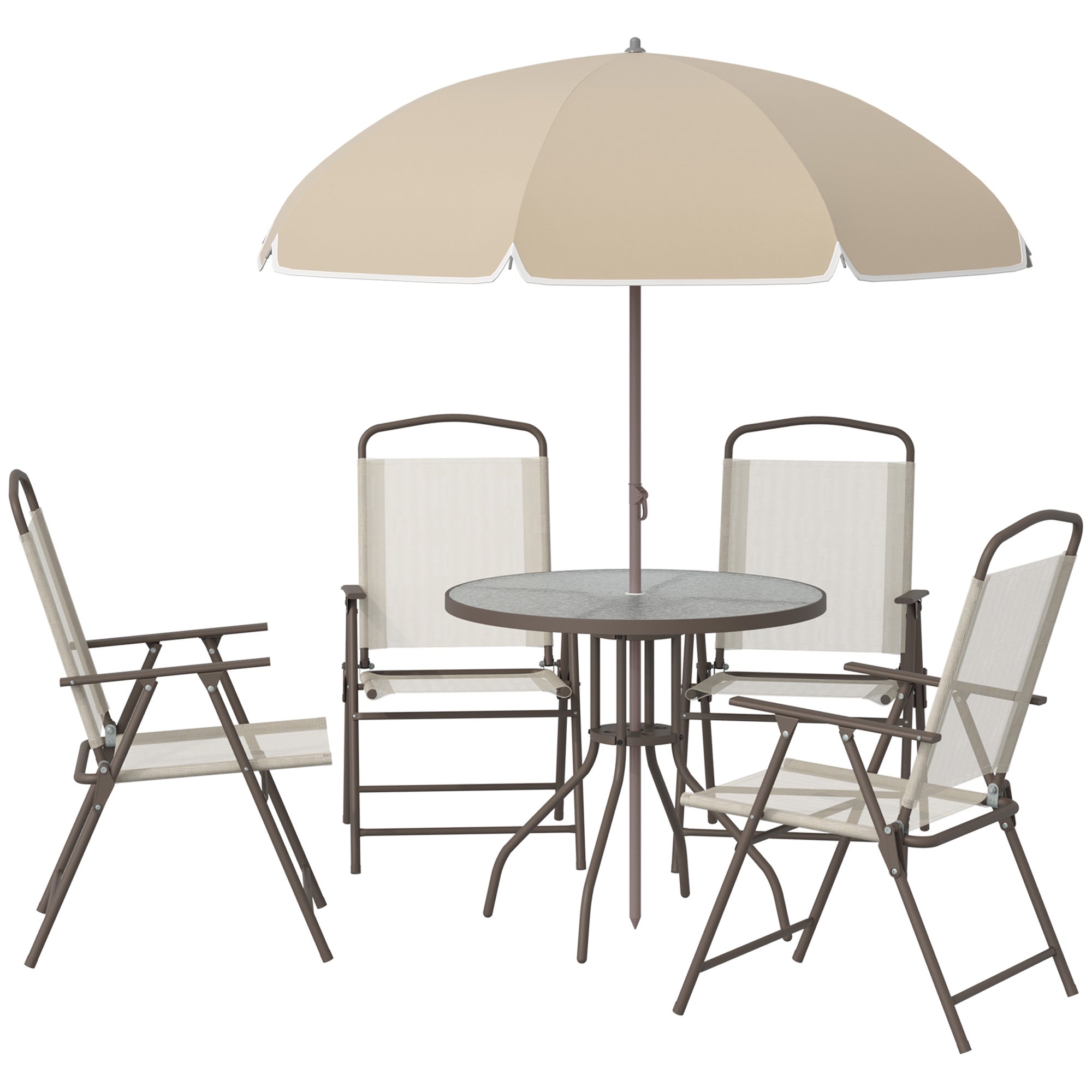 Outsunny 6-Piece Patio Dining Set with Umbrella, Folding Chairs & Glass Table, Beige