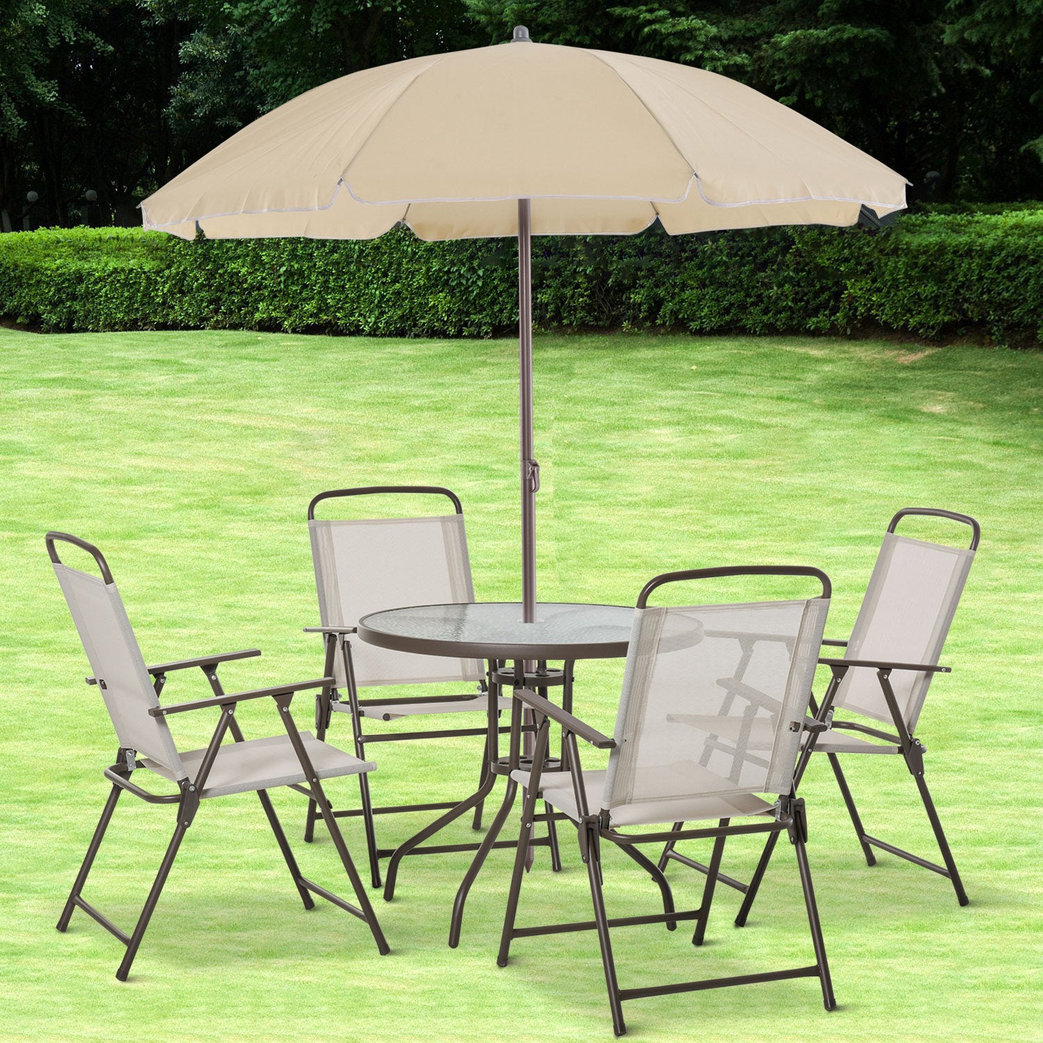 4 chair patio set with umbrella Outsunny 6-Piece Patio Dining Set with Umbrella, Folding Chairs & Glass Table, Beige