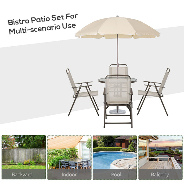 Outsunny 6 Piece Patio Dining Set for 4 with Umbrella, Outdoor Table and Chairs with 4 Folding Dining Chairs & Round Glass Table for Garden, Backyard and Poolside, Beige