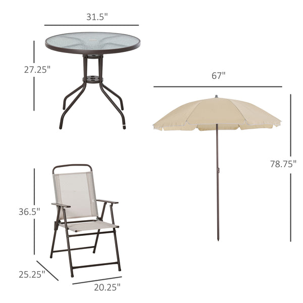 Outsunny 6 Piece Patio Dining Set for 4 with Umbrella, Outdoor Table and Chairs with 4 Folding Dining Chairs & Round Glass Table for Garden, Backyard and Poolside, Beige