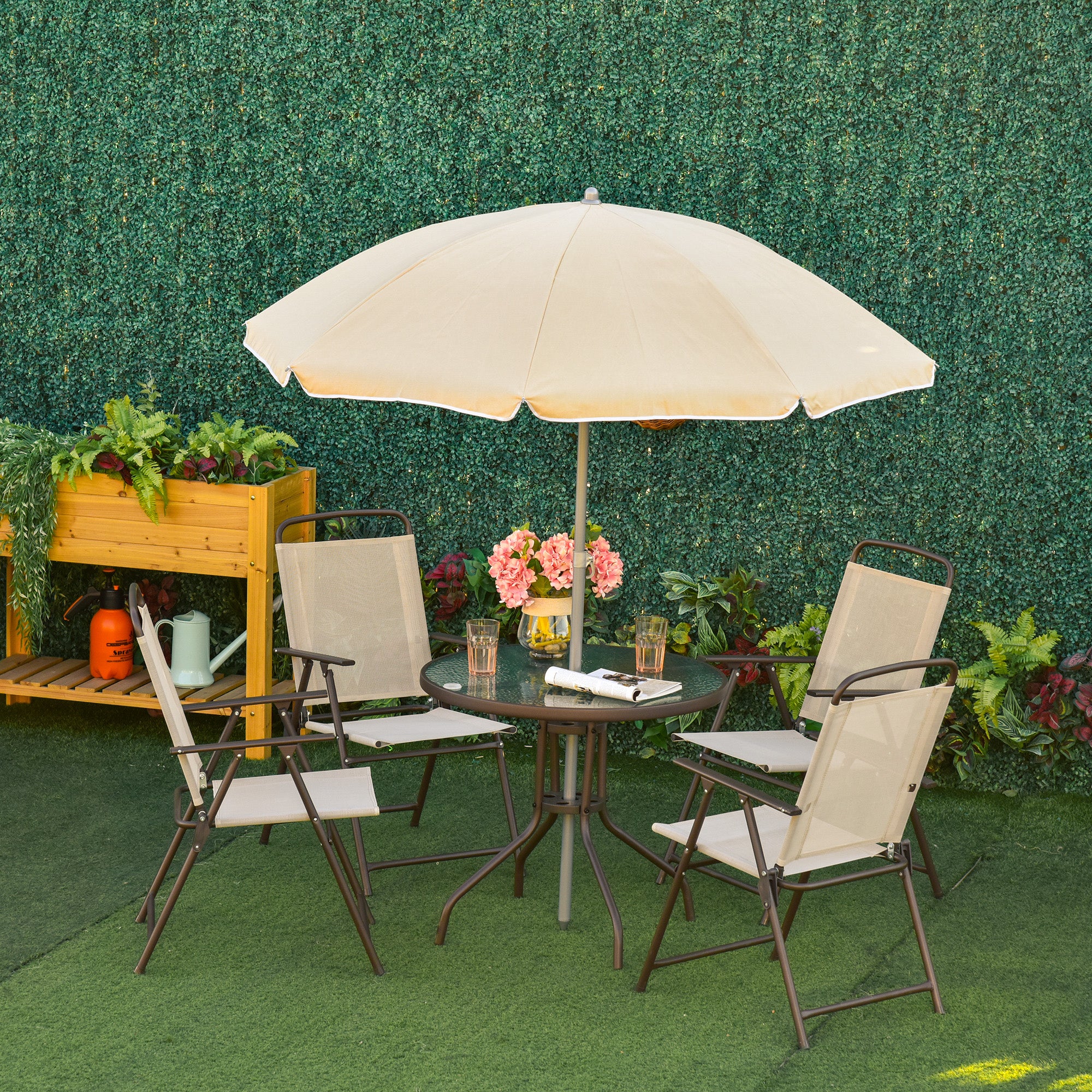 Outsunny 6-Piece Patio Dining Set with Umbrella, Folding Chairs & Glass Table, Beige