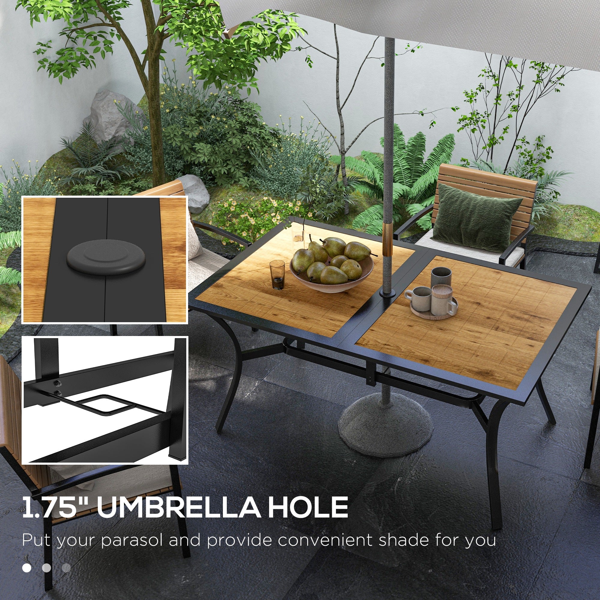 brown patio table 6 seater with umbrella Outsunny Patio Table with Umbrella Hole, Outdoor Table for 6 People, Steel Frame for Backyard, Lawn Balcony, Brown