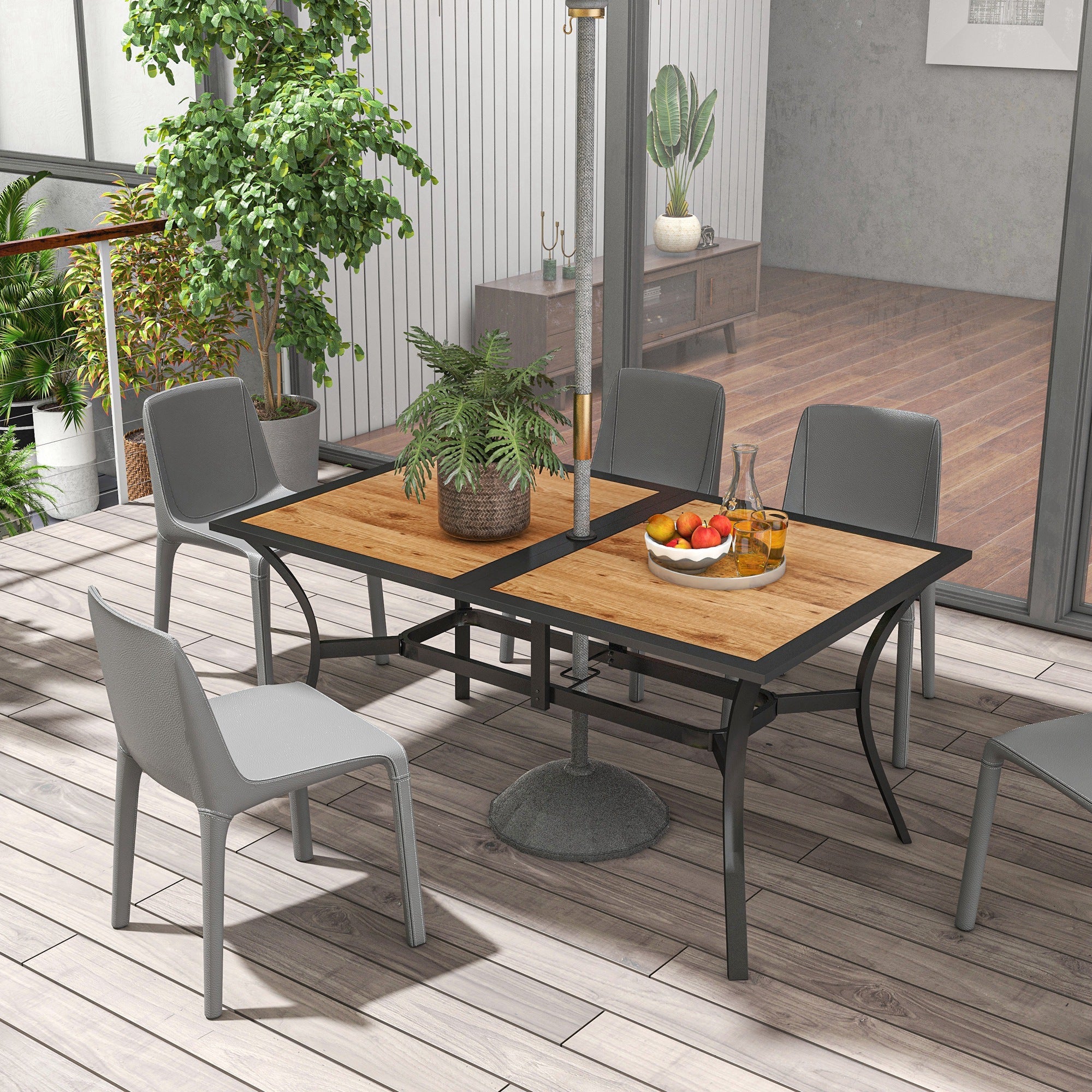 brown patio table with umbrella hole Outsunny Patio Table with Umbrella Hole, Outdoor Table for 6 People, Steel Frame for Backyard, Lawn Balcony, Brown