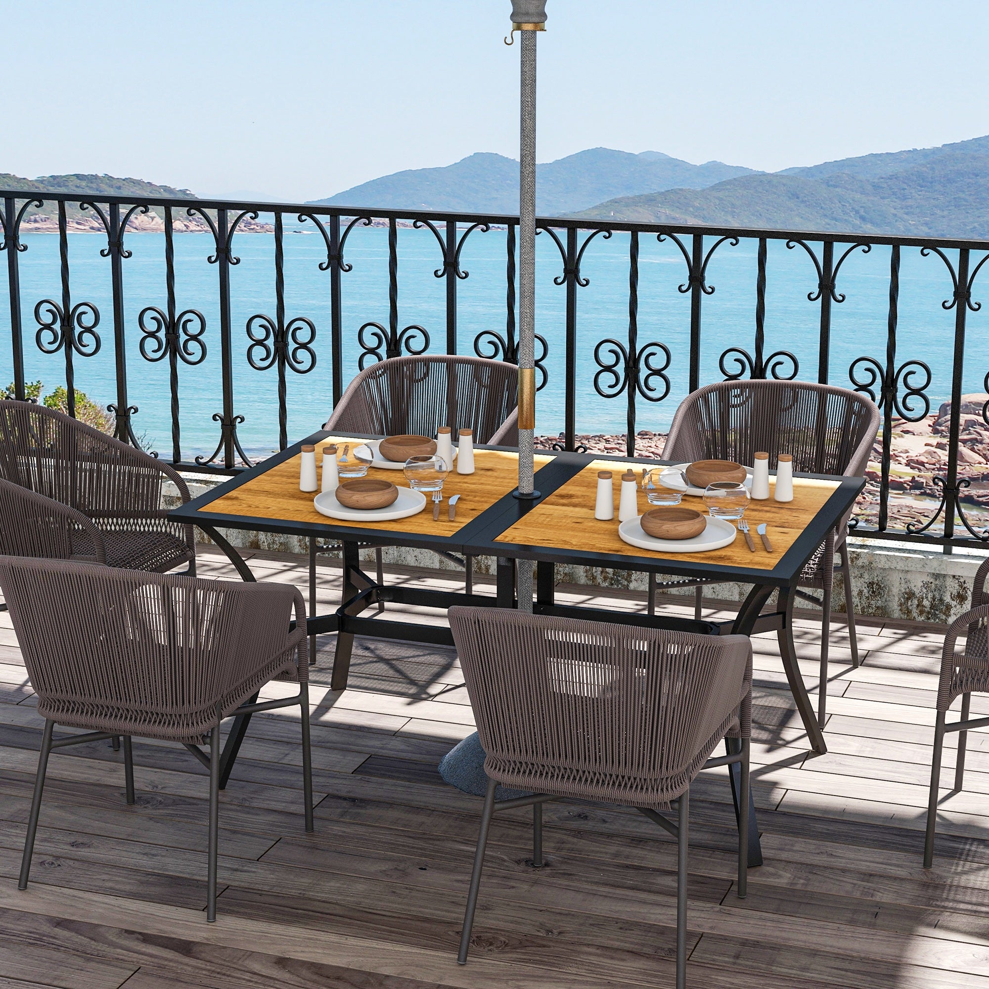 commercial patio tables with umbrella Outsunny Patio Table with Umbrella Hole, Outdoor Table for 6 People, Steel Frame for Backyard, Lawn Balcony, Brown