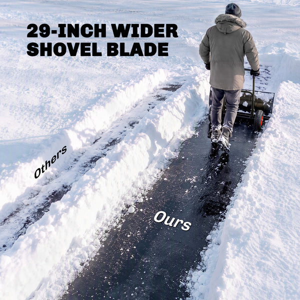 Snow Shovel with Wheels, 29" x 16.5" Heavy Duty Metal Snow Pusher with 5-Level Adjustable Handle, 5-Angle Blade and Non-Slip Grip, for Driveway, Sidewalks, Garden, Deck, Black
