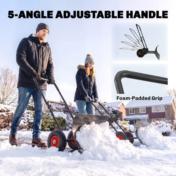 Snow Shovel with Wheels, 29" x 16.5" Heavy Duty Metal Snow Pusher with 5-Level Adjustable Handle, 5-Angle Blade and Non-Slip Grip, for Driveway, Sidewalks, Garden, Deck, Black