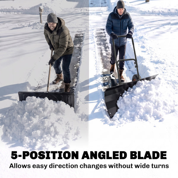 Snow Shovel with Wheels, 29" x 16.5" Heavy Duty Metal Snow Pusher with 5-Level Adjustable Handle, 5-Angle Blade and Non-Slip Grip, for Driveway, Sidewalks, Garden, Deck, Black