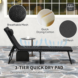 Folding Sun Loungers Set of 2, Recliner Garden Chairs with Quick Drying Pad Headrest Side Pocket, Garden Sun Loungers for Beach Pool, Black
