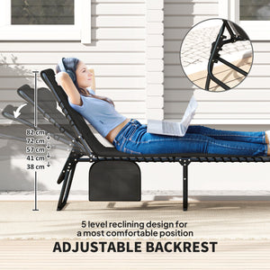 Folding Sun Loungers Set of 2, Recliner Garden Chairs with Quick Drying Pad Headrest Side Pocket, Garden Sun Loungers for Beach Pool, Black