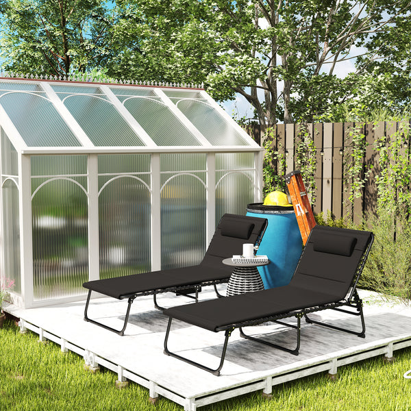 Folding Sun Loungers Set of 2, Recliner Garden Chairs with Quick Drying Pad Headrest Side Pocket, Garden Sun Loungers for Beach Pool, Black