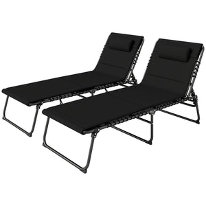 Folding Sun Loungers Set of 2, Recliner Garden Chairs with Quick Drying Pad Headrest Side Pocket, Garden Sun Loungers for Beach Pool, Black