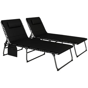 Folding Sun Loungers Set of 2, Recliner Garden Chairs with Quick Drying Pad Headrest Side Pocket, Garden Sun Loungers for Beach Pool, Black