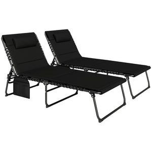 Folding Sun Loungers Set of 2, Recliner Garden Chairs with Quick Drying Pad Headrest Side Pocket, Garden Sun Loungers for Beach Pool, Black
