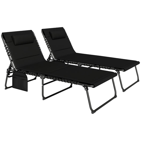 Folding Sun Loungers Set of 2, Recliner Garden Chairs with Quick Drying Pad Headrest Side Pocket, Garden Sun Loungers for Beach Pool, Black