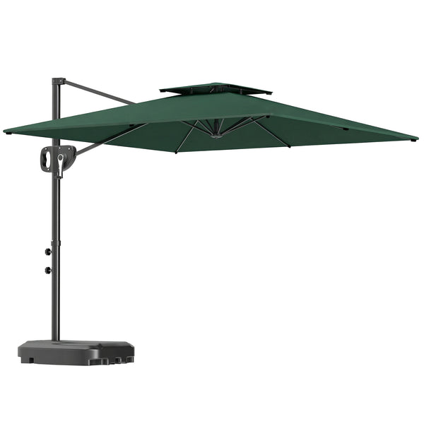 2.5m Garden Cantilever Parasol with Fillable Base, Up to 45kg, Double Top Garden Parasol, Square Overhanging Patio Umbrella with Crank Handle and Tilt for Outdoor Sun Shade, Dark Green