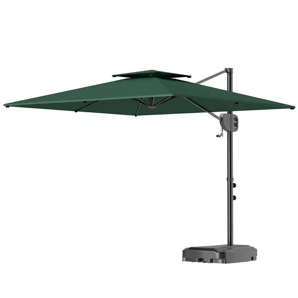 2.5m Garden Cantilever Parasol with Fillable Base, Up to 45kg, Double Top Garden Parasol, Square Overhanging Patio Umbrella with Crank Handle and Tilt for Outdoor Sun Shade, Dark Green