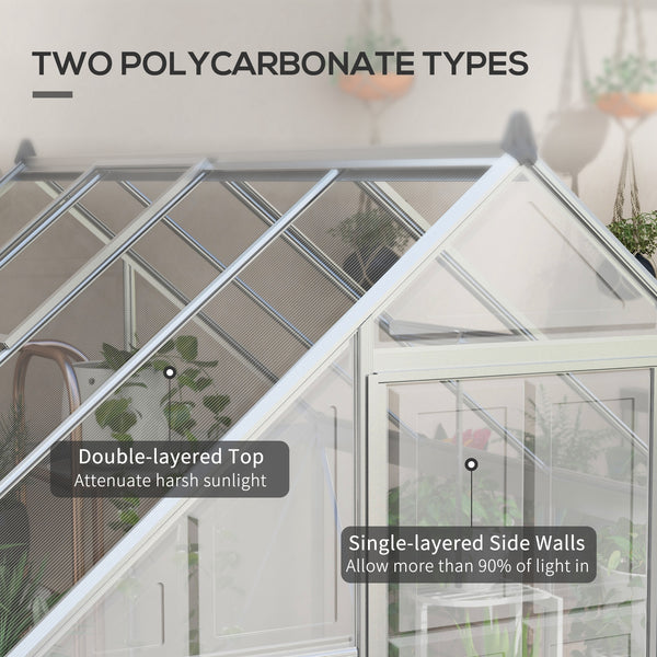 6' x 8' Polycarbonate Greenhouse with 2 Polycarbonate Types, Walk-in Green House with Hinged Door, 5-Level Roof Vents, Rain Gutter, Aluminium Frame and Foundation Kit