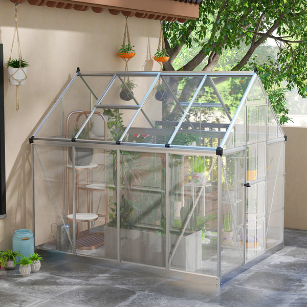 6' x 8' Polycarbonate Greenhouse with 2 Polycarbonate Types, Walk-in Green House with Hinged Door, 5-Level Roof Vents, Rain Gutter, Aluminium Frame and Foundation Kit