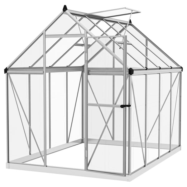 6' x 8' Polycarbonate Greenhouse with 2 Polycarbonate Types, Walk-in Green House with Hinged Door, 5-Level Roof Vents, Rain Gutter, Aluminium Frame and Foundation Kit