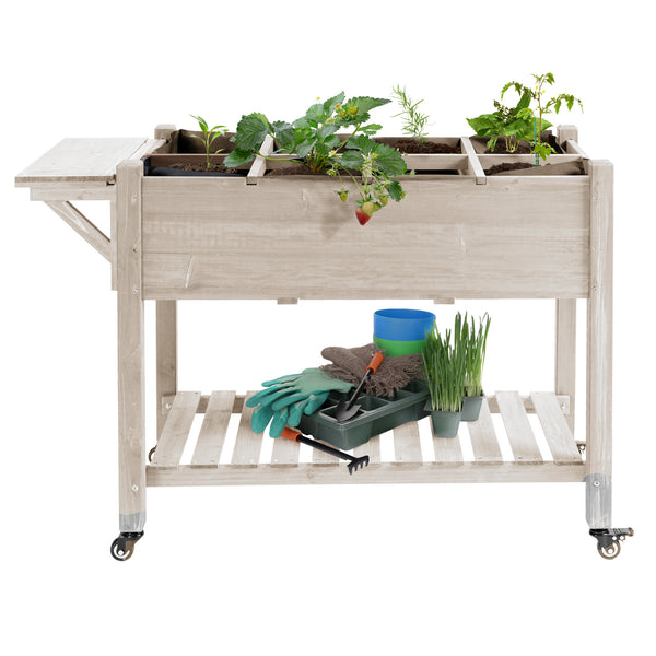 Outsunny Raised Garden Bed with 8 Grow Grids, Wooden Outdoor Plant Box Stand with Folding Side Table and Wheels, 49" x 21" x 34", for Vegetables, Flowers, Herbs, Natural