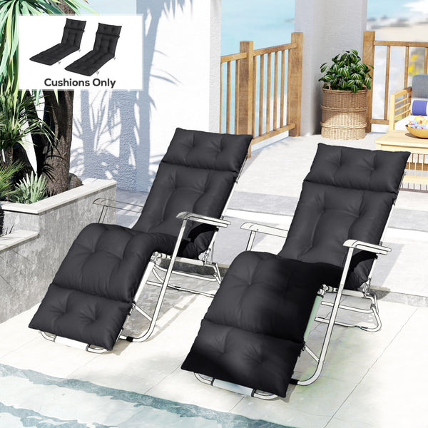 Sun Lounger Cushions Only, 190x56x10cm Garden Lounge Chair Cushions Set of 2, UPF20+ 220gsm Fabric, Thick Sunbed Replacement Pads with 6 Ties, Black