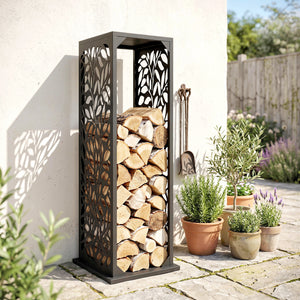 15 Inch Firewood Rack Outdoor Indoor with Cutout Design, Heavy Duty Galvanized Steel Firewood Holder, Log Holder with 4 Hooks, Adjustable Pads, Wood Storage for Fireplace, Firepit, Black