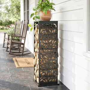 15 Inch Firewood Rack Outdoor Indoor with Cutout Design, Heavy Duty Galvanized Steel Firewood Holder, Log Holder with 4 Hooks, Adjustable Pads, Wood Storage for Fireplace, Firepit, Black