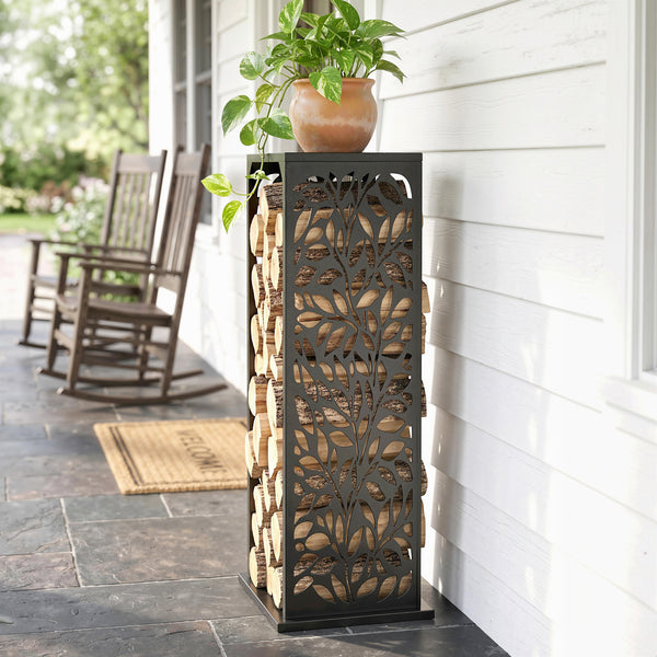 15 Inch Firewood Rack Outdoor Indoor with Cutout Design, Heavy Duty Galvanized Steel Firewood Holder, Log Holder with 4 Hooks, Adjustable Pads, Wood Storage for Fireplace, Firepit, Black