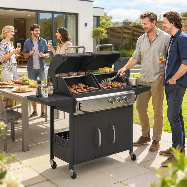 2+1 Burner Hybrid Dual Fuel BBQ Gas Grill, 2-in-1 Portable Propane & Charcoal Barbecue Grill Smoker Combo with Wheels, Warming Rack, Built-in Thermometer, Side Shelves, Cabinet, Lid, Black