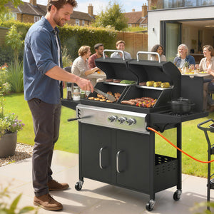 2+1 Burner Hybrid Dual Fuel BBQ Gas Grill, 2-in-1 Portable Propane & Charcoal Barbecue Grill Smoker Combo with Wheels, Warming Rack, Built-in Thermometer, Side Shelves, Cabinet, Lid, Black