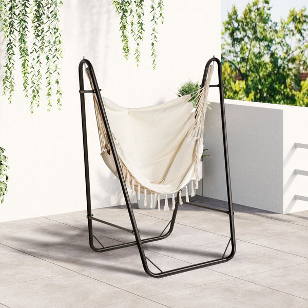 Outsunny Patio Hammock Chair with U Shape Stand, Outdoor Hammock Swing Hanging Lounge Chair with Side Pocket, Brown/Cream White