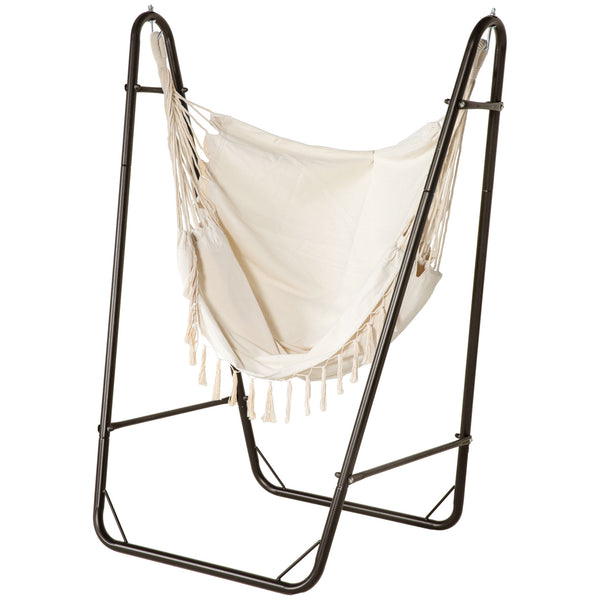 Outsunny Patio Hammock Chair with U Shape Stand, Outdoor Hammock Swing Hanging Lounge Chair with Side Pocket, Brown/Cream White