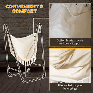 Outsunny Patio Hammock Chair with U Shape Stand, Outdoor Hammock Swing Hanging Lounge Chair with Side Pocket, Brown/Cream White