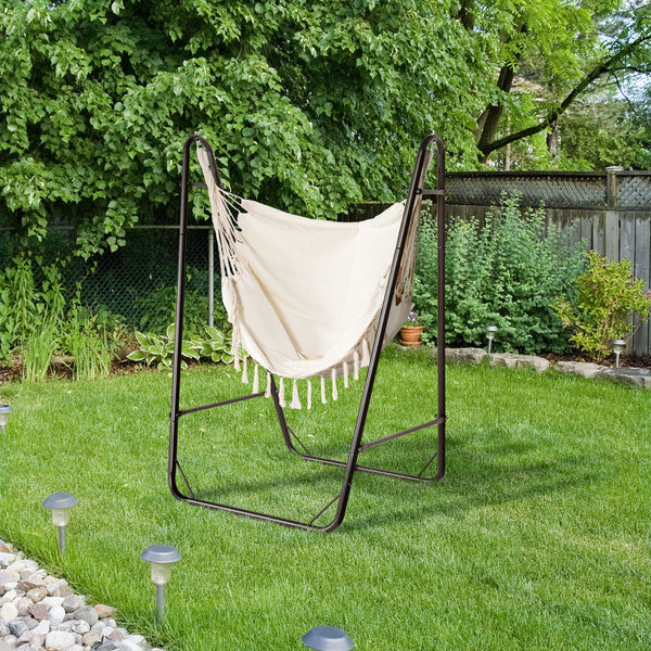 Outsunny Patio Hammock Chair with U Shape Stand, Outdoor Hammock Swing Hanging Lounge Chair with Side Pocket, Brown/Cream White