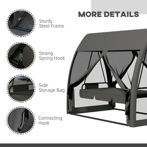 3 Seater Swing Chair 2 in 1 Garden Swing Seat Bed Convertible Outdoor Rocking Bench Bed with Water-Resistant Roof, Zipped Door and Mosquito Netting, Grey