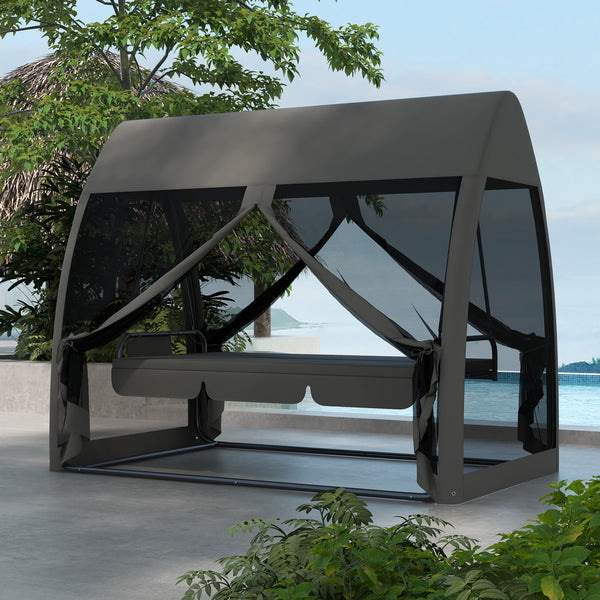 3 Seater Swing Chair 2 in 1 Garden Swing Seat Bed Convertible Outdoor Rocking Bench Bed with Water-Resistant Roof, Zipped Door and Mosquito Netting, Grey