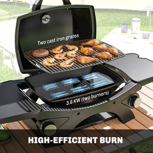 2 Burner Gas Grill with 2 Detachable Side Tables, 3.8 KW Steel Barbecue Grill with Cast Iron Grates, Tabletop BBQ with Lid, Thermometer, Grease Tray, 4 Hooks, Black