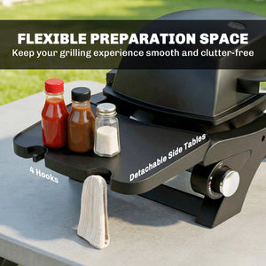 2 Burner Gas Grill with 2 Detachable Side Tables, 3.8 KW Steel Barbecue Grill with Cast Iron Grates, Tabletop BBQ with Lid, Thermometer, Grease Tray, 4 Hooks, Black