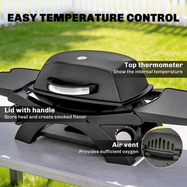 2 Burner Gas Grill with 2 Detachable Side Tables, 3.8 KW Steel Barbecue Grill with Cast Iron Grates, Tabletop BBQ with Lid, Thermometer, Grease Tray, 4 Hooks, Black