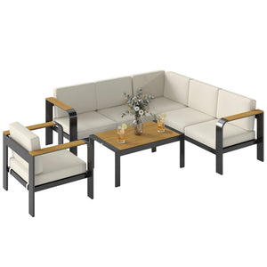 3 Pieces Garden Furniture Set with L-Shaped Sofa, Armchair and Coffee Table, Aluminium Garden Corner Sofa Set with Olefin Seat & Back Cushions, Wood Plastic Tabletop and Armrests, Beige