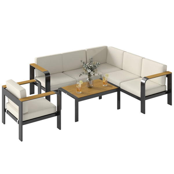 3 Pieces Garden Furniture Set with L-Shaped Sofa, Armchair and Coffee Table, Aluminium Garden Corner Sofa Set with Olefin Seat & Back Cushions, Wood Plastic Tabletop and Armrests, Beige