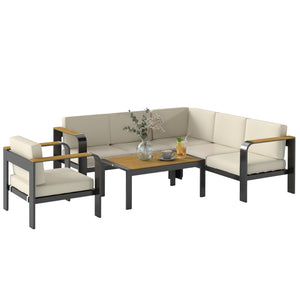 3 Pieces Garden Furniture Set with L-Shaped Sofa, Armchair and Coffee Table, Aluminium Garden Corner Sofa Set with Olefin Seat & Back Cushions, Wood Plastic Tabletop and Armrests, Beige