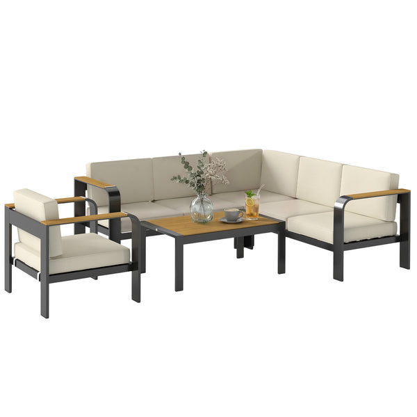 3 Pieces Garden Furniture Set with L-Shaped Sofa, Armchair and Coffee Table, Aluminium Garden Corner Sofa Set with Olefin Seat & Back Cushions, Wood Plastic Tabletop and Armrests, Beige
