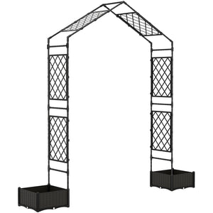 7.3ft Garden Arch with 2 Planter Boxes, PE-Coated Steel Outdoor Trellis Arbor for Climbing Plants, Wedding Arch for Party Outdoor Garden Backyard, Black