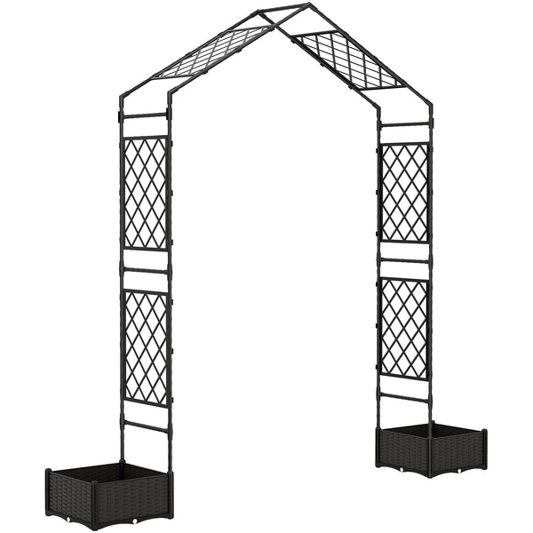 7.3ft Garden Arch with 2 Planter Boxes, PE-Coated Steel Outdoor Trellis Arbor for Climbing Plants, Wedding Arch for Party Outdoor Garden Backyard, Black