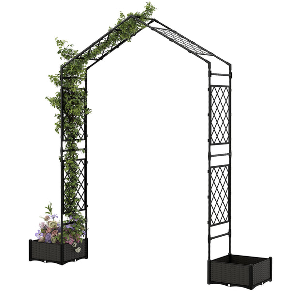 7.3ft Garden Arch with 2 Planter Boxes, PE-Coated Steel Outdoor Trellis Arbor for Climbing Plants, Wedding Arch for Party Outdoor Garden Backyard, Black