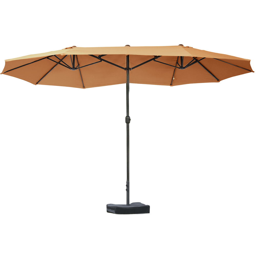 Outsunny Patio Umbrella 15' Steel Rectangular Outdoor Double Sided Market Umbrella with base, Sun Protection & Easy Crank for Deck Pool Patio, Coffee