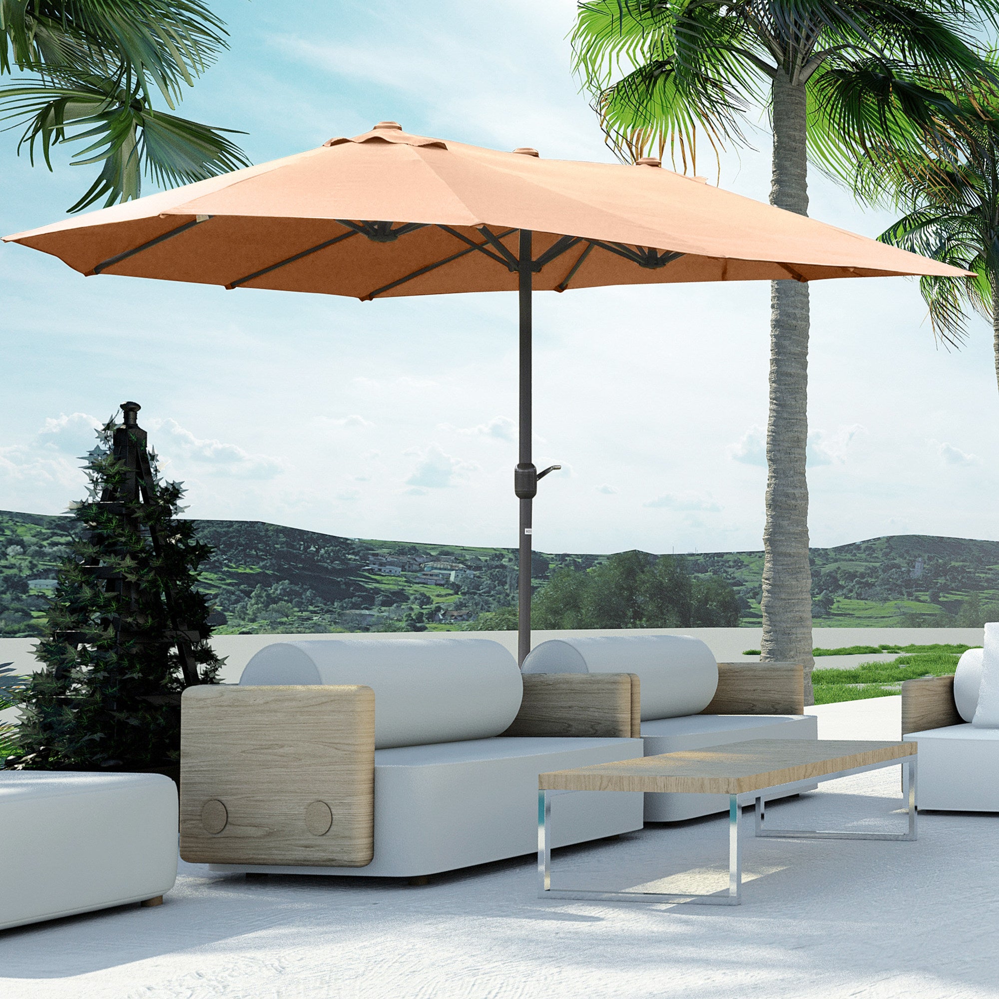 destination summer solar rectangular patio umbrella Outsunny 15ft Patio Umbrella with Base, Rectangular, Double-Canopy, UV-Blocking, Easy Crank, Coffee